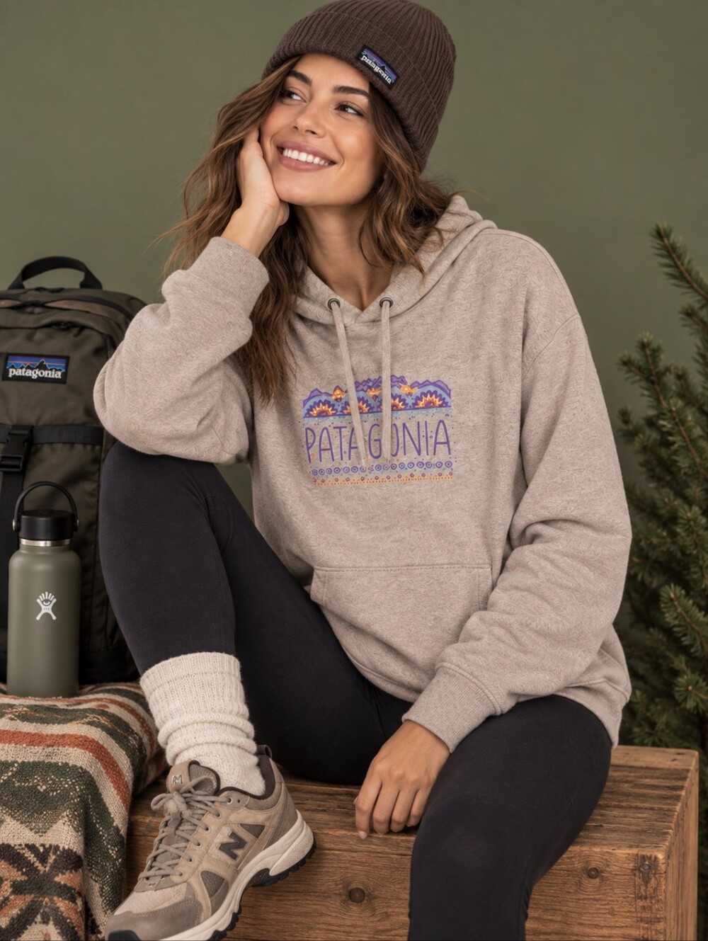 PATAGONIA Women's Hoodie XL Graphic Logo Beige Organic Cottonâ Pullover 39500